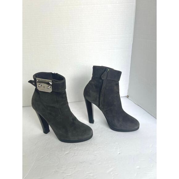 Authentic HERMES Suede Gray Black Silver Metal Embellishment Ankle Zip Boot 7.5 - Picture 2 of 12
